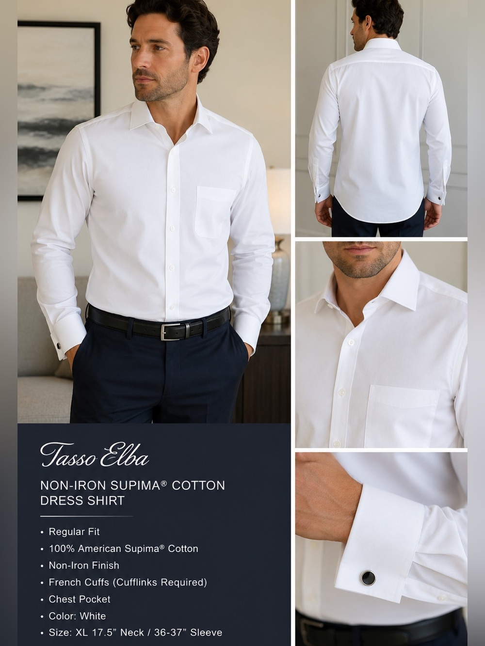 Tasso Elba Non-Iron Supima Cotton White Dress Shirt – XL 17.5 / 36-37